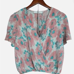 ASTR Pink Teal Flutter Sleeve Wrap Top Womens Size M